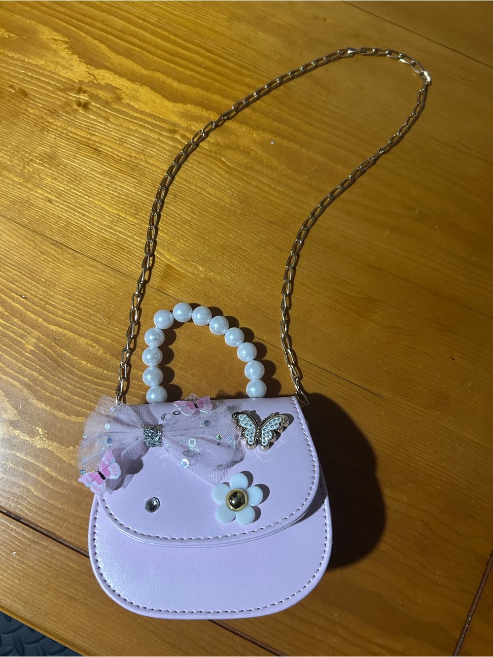 Small girls Pink Pearl-Handle Crossbody Bag with Butterfly Accent
